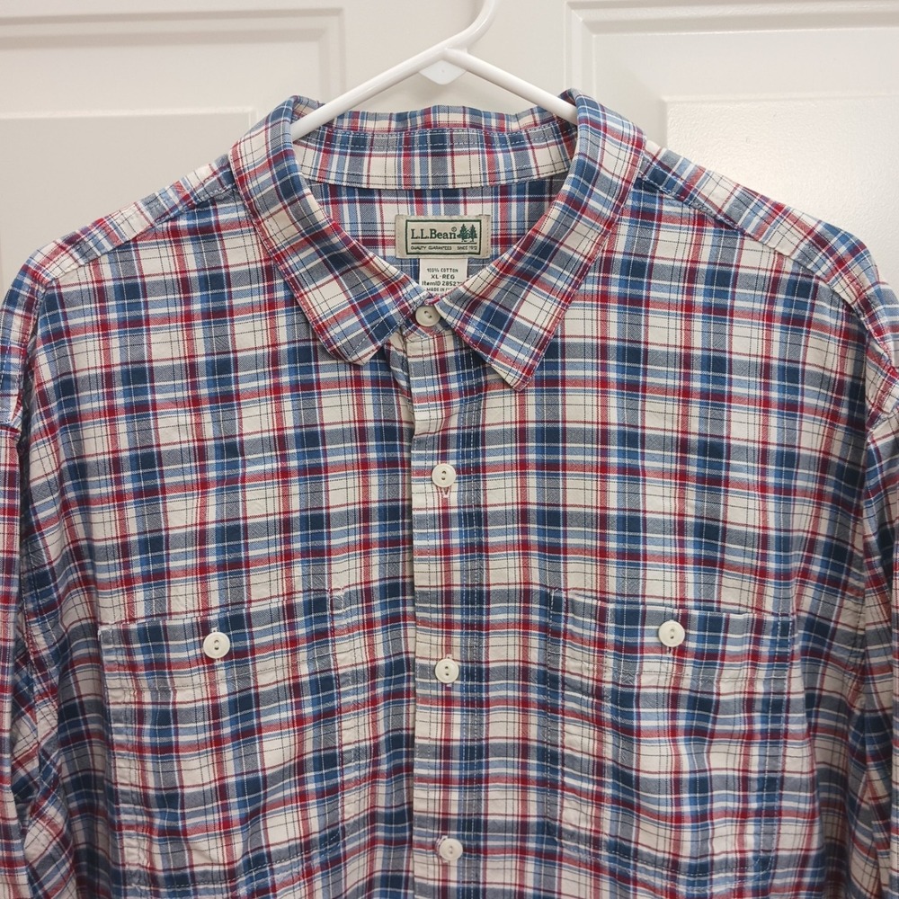 LL Bean Mens XL Regular Plaid Button Down Shirt Red White Blue Cotton 285277